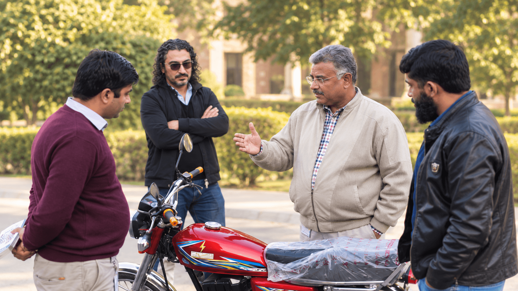 Irfan Ahmed discussing a Jolta electric motorcycle with logistics professionals
