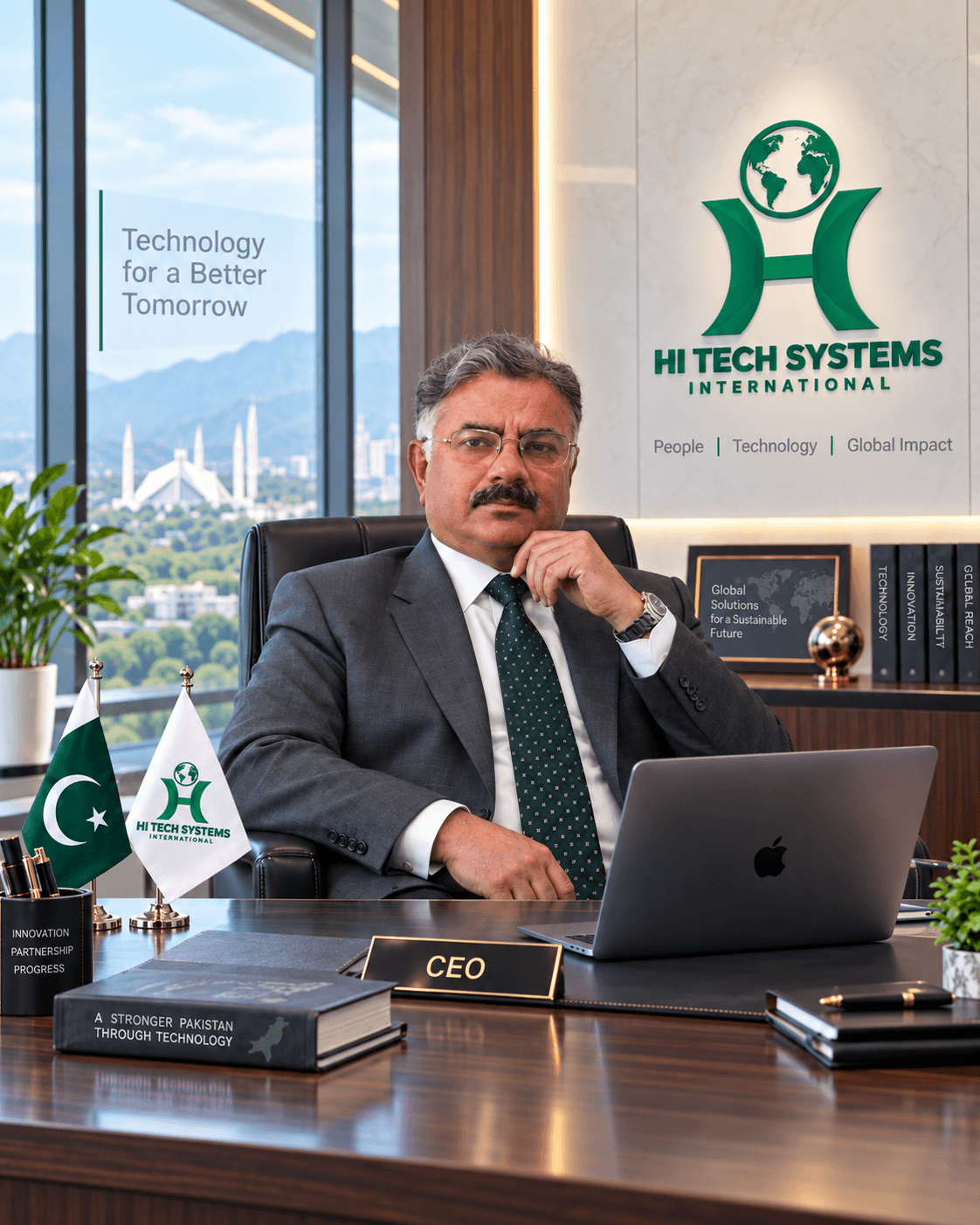 Irfan Ahmed as CEO of Hi Tech Systems International at his desk in Islamabad