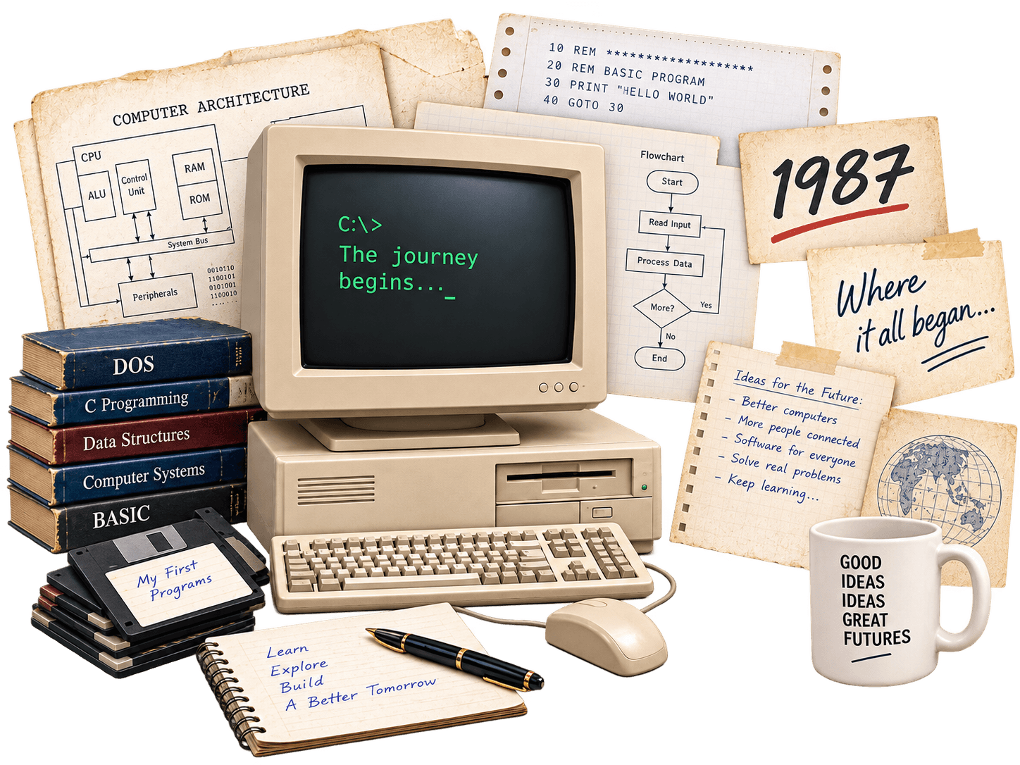1987 early computing collage with a vintage computer, programming notes and books