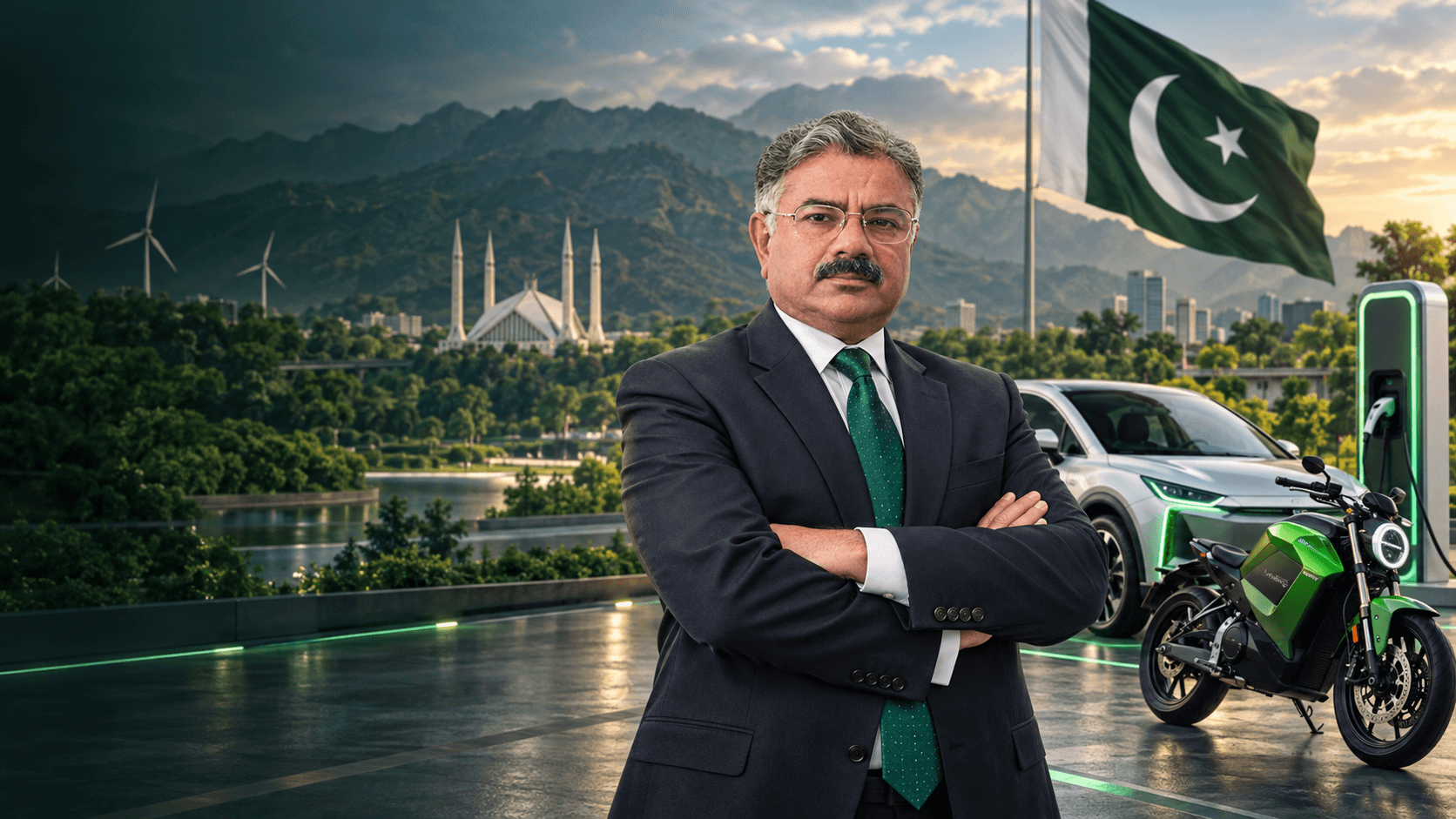 Irfan Ahmed standing before Pakistan's emerging electric mobility landscape.