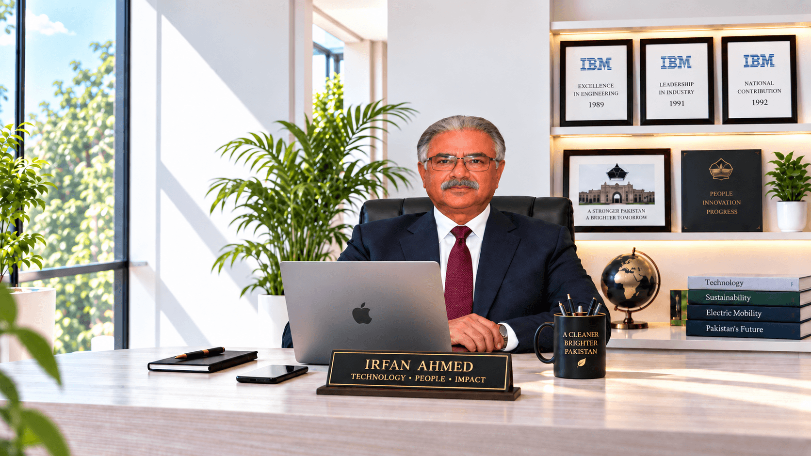 Irfan Ahmed in his office, surrounded by symbols of technology, sustainability and electric mobility