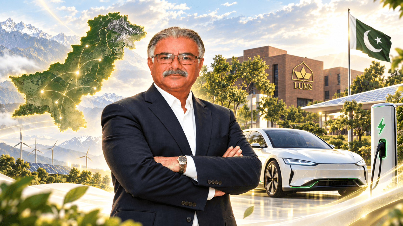 Irfan Ahmed with a visual representation of Pakistan, LUMS and the transition to electric mobility.