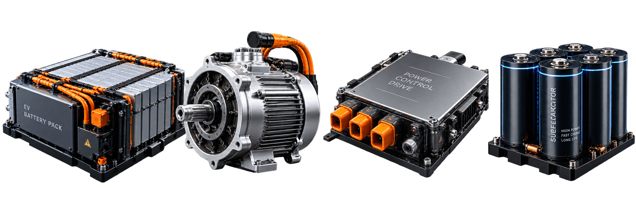 Electric vehicle battery pack, motor, power controller and supercapacitor assembly